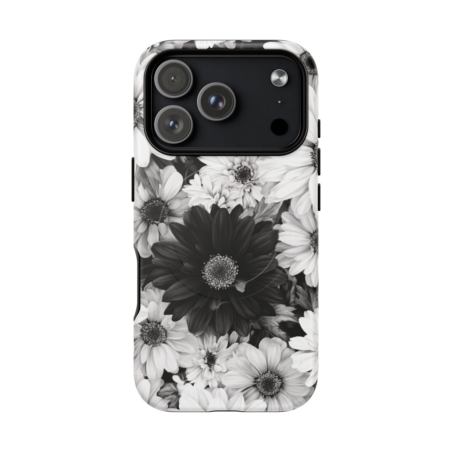 Black & White Floral Tough Magnetic Phone Case — Monochrome Daisy Protection