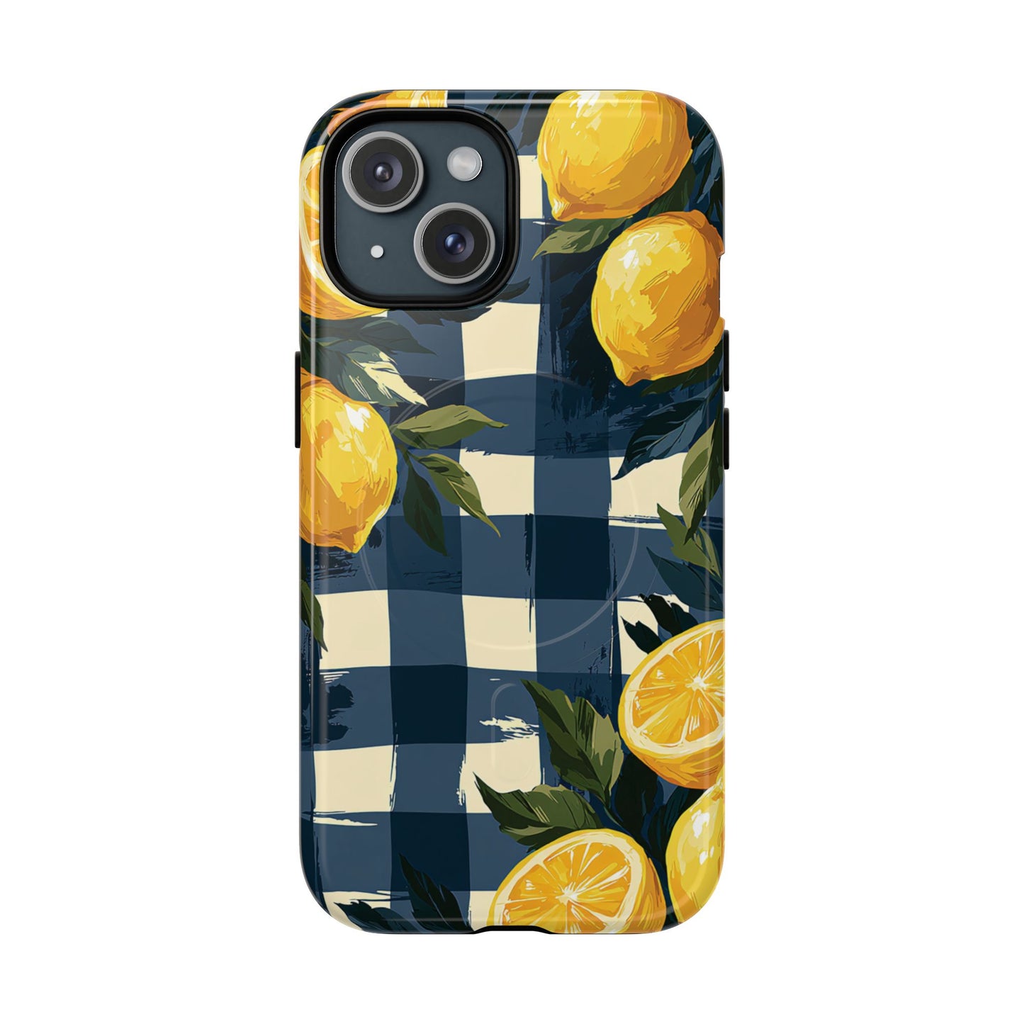 Lemon Check Tough Magnetic Phone Case — Blue Gingham Citrus Design