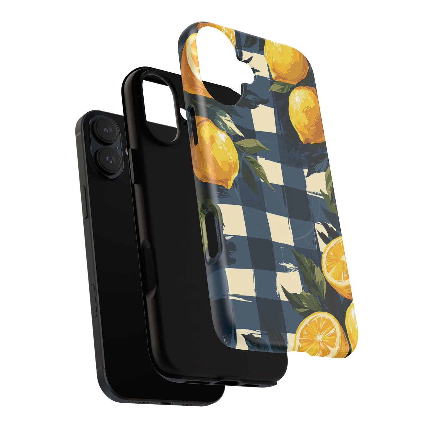 Lemon Check Tough Magnetic Phone Case — Blue Gingham Citrus Design