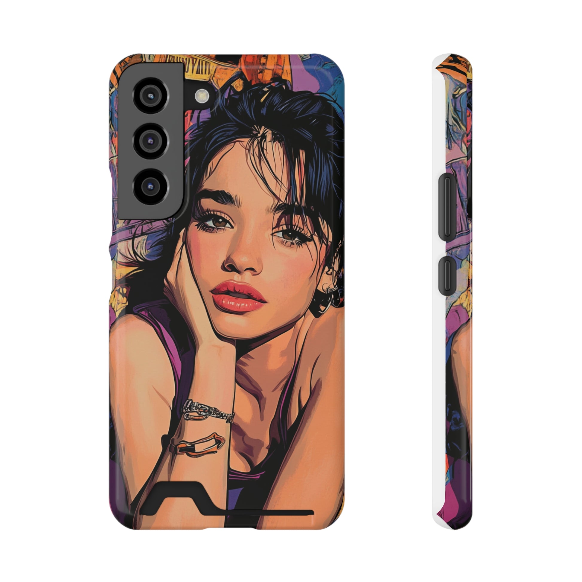 Colorful artistic phone case with a built-in card holder slot on the back