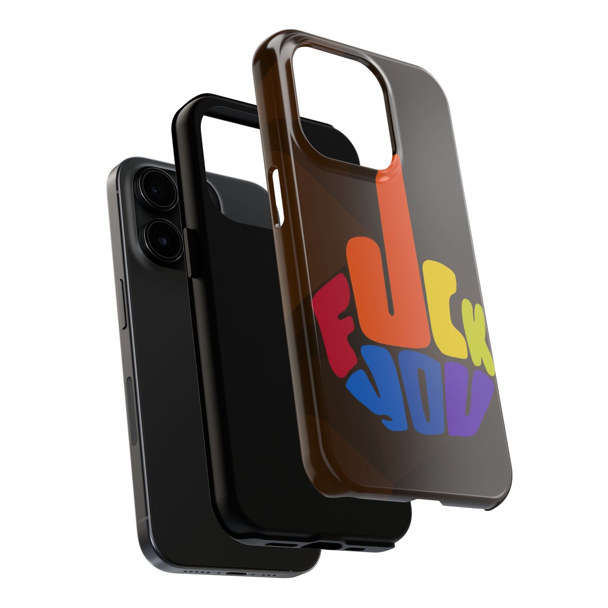 Bold graphic tough iPhone 17 case with two-piece polycarbonate shell and flexible TPU liner and expressive text design