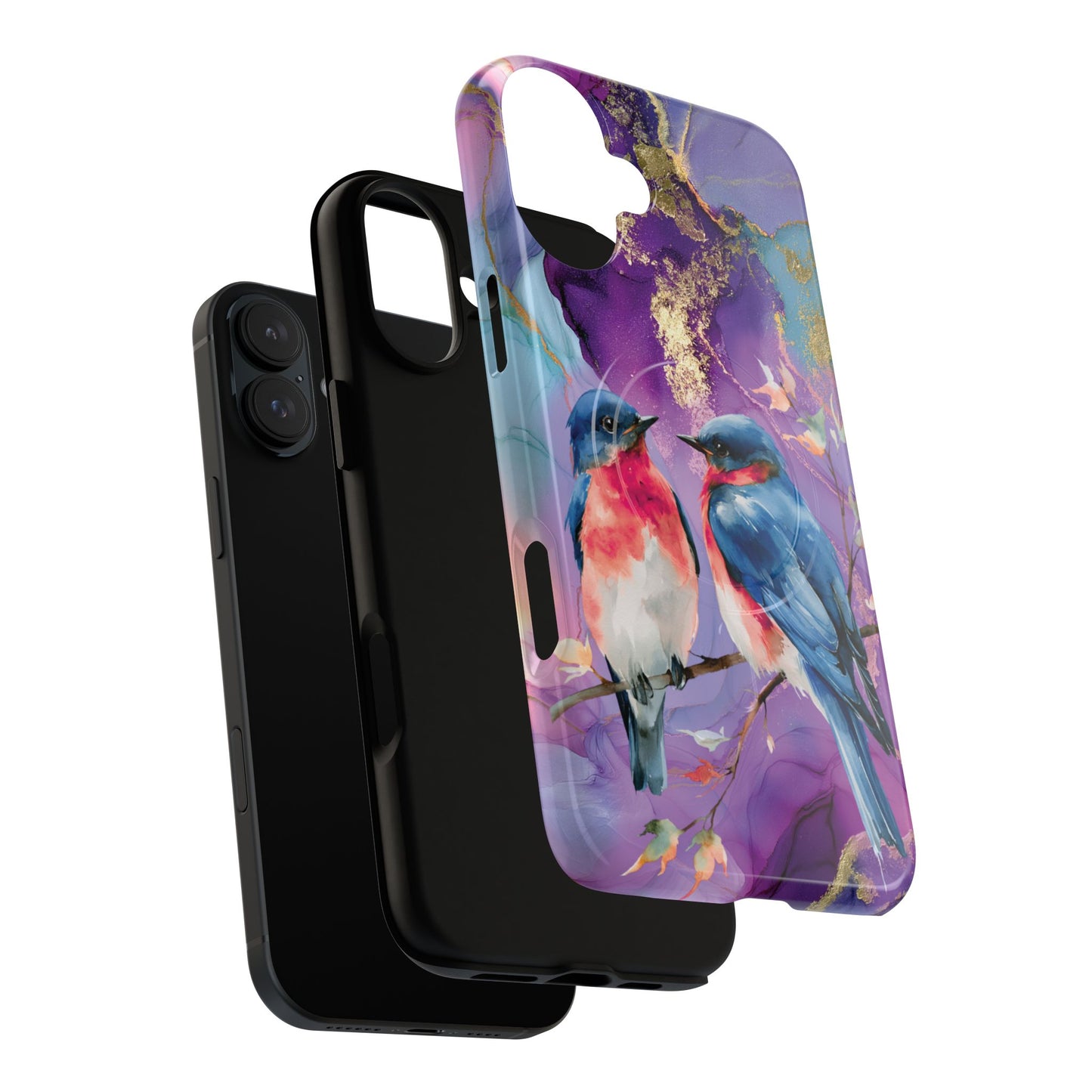 Bird Pair Tough Magnetic Phone Case — Purple Watercolor Floral Design