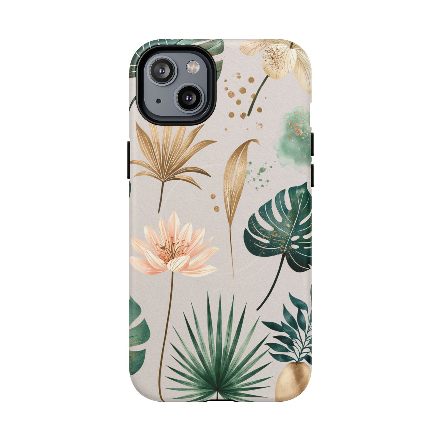 Floral Tropical Tough Magnetic Phone Case — Green Palm & Gold Leaf Design