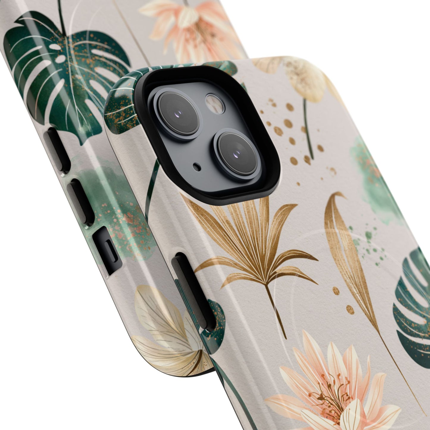 Floral Tropical Tough Magnetic Phone Case — Green Palm & Gold Leaf Design