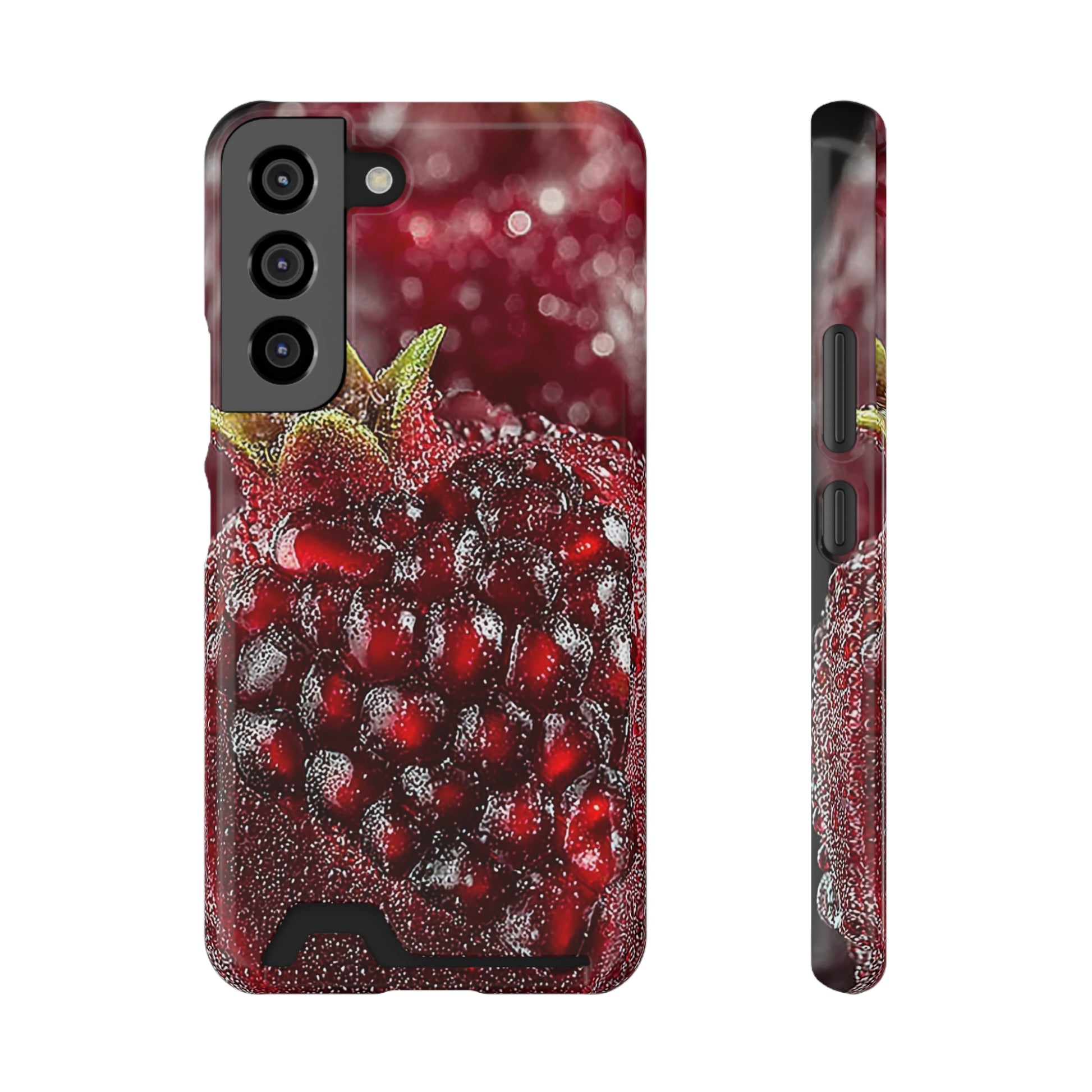 Pomegranate-print phone case with card holder slot in vibrant colors for everyday use