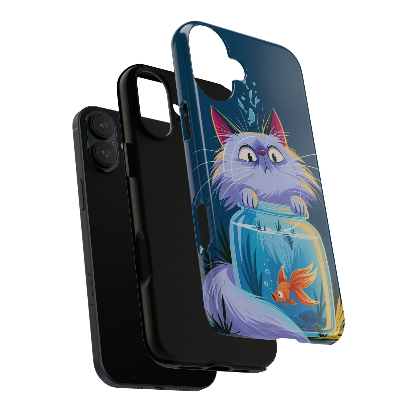 Magnetic Tough Phone Case — Playful Cat & Goldfish Illustration