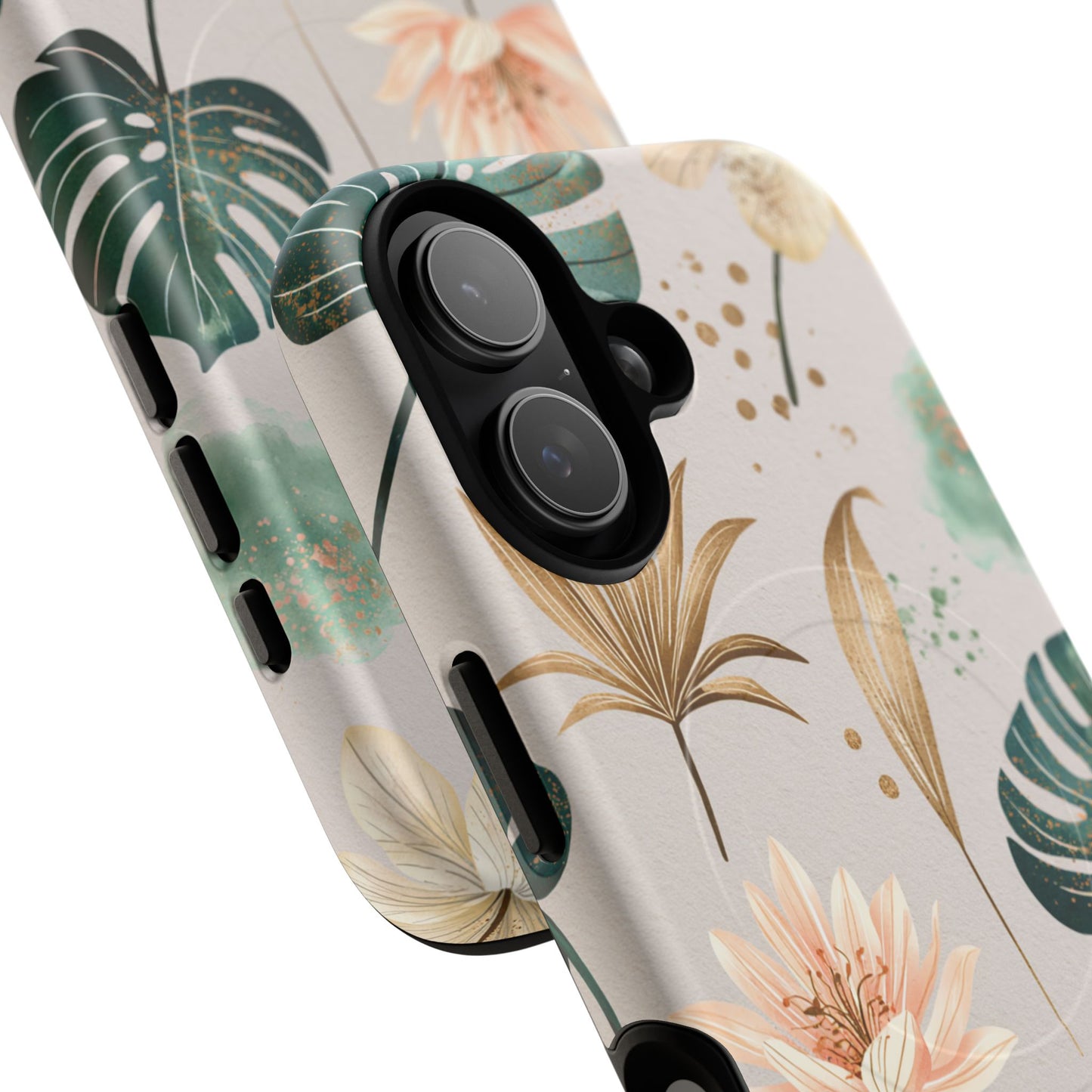 Floral Tropical Tough Magnetic Phone Case — Green Palm & Gold Leaf Design