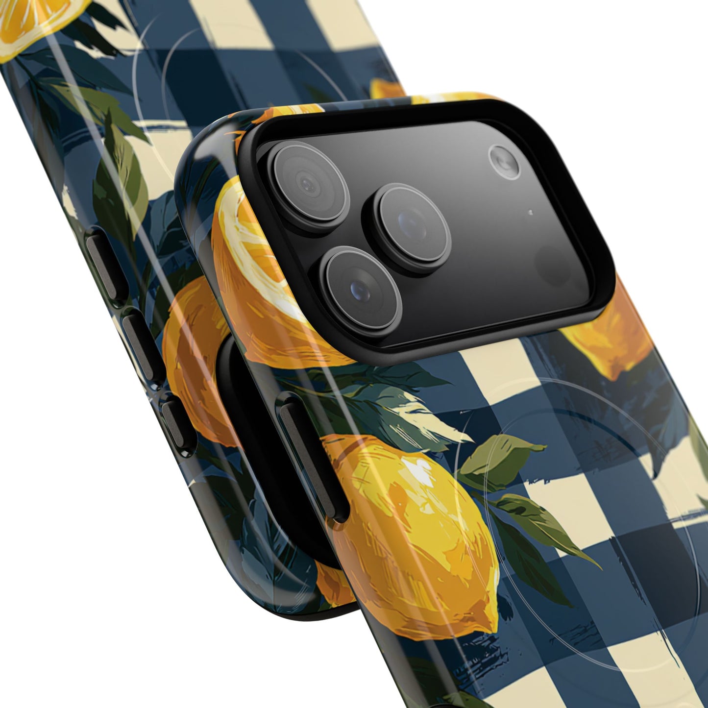 Lemon Check Tough Magnetic Phone Case — Blue Gingham Citrus Design