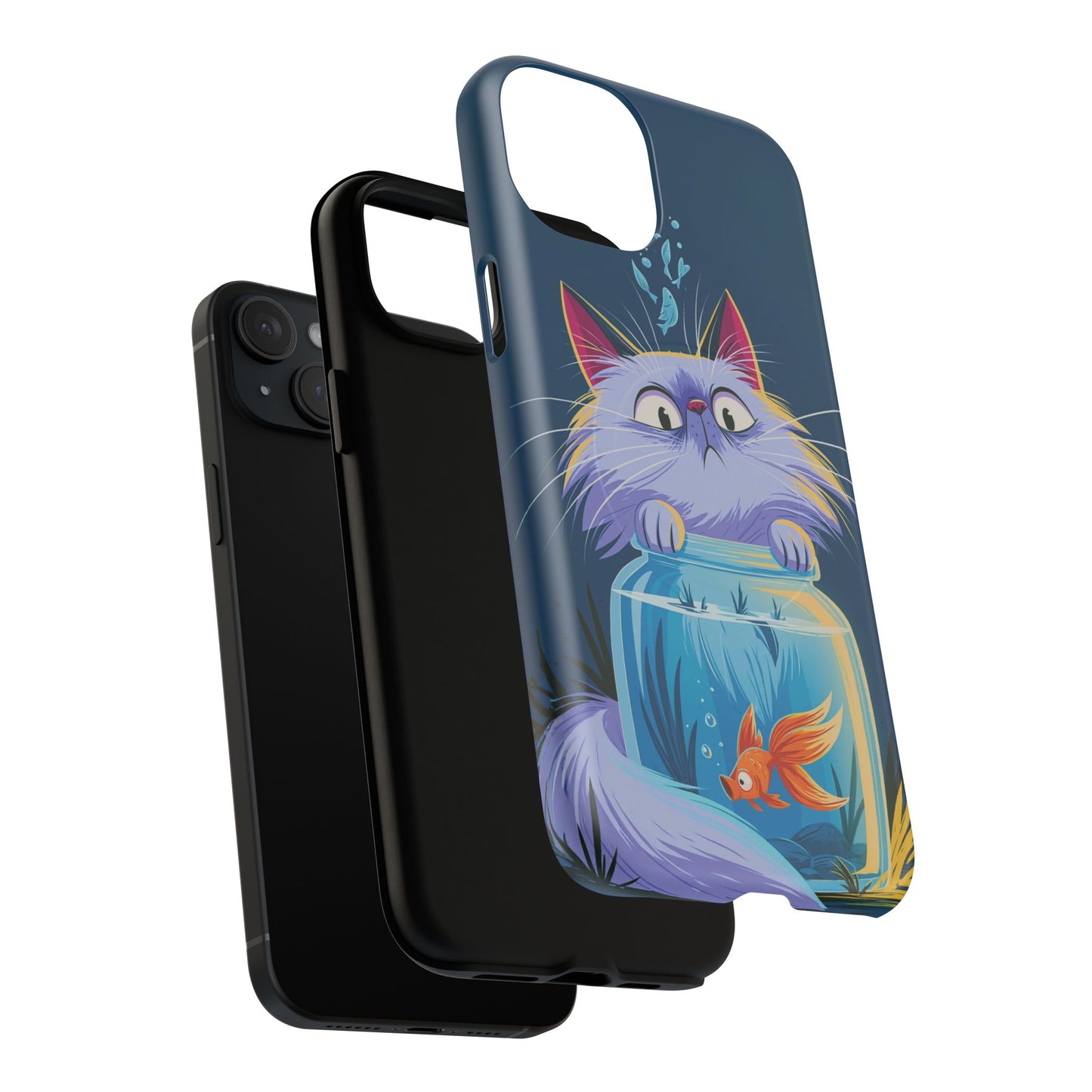 Magnetic Tough Phone Case — Playful Cat & Goldfish Illustration