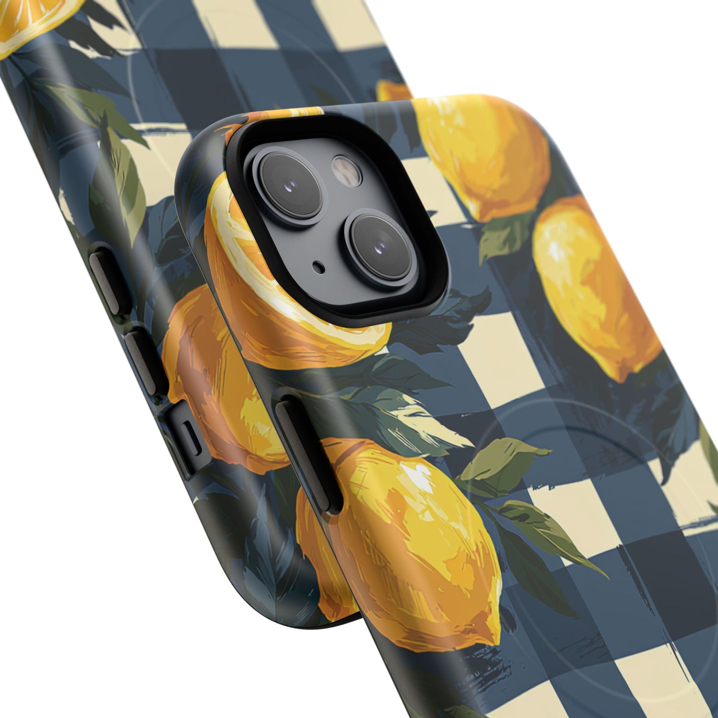 Lemon Check Tough Magnetic Phone Case — Blue Gingham Citrus Design