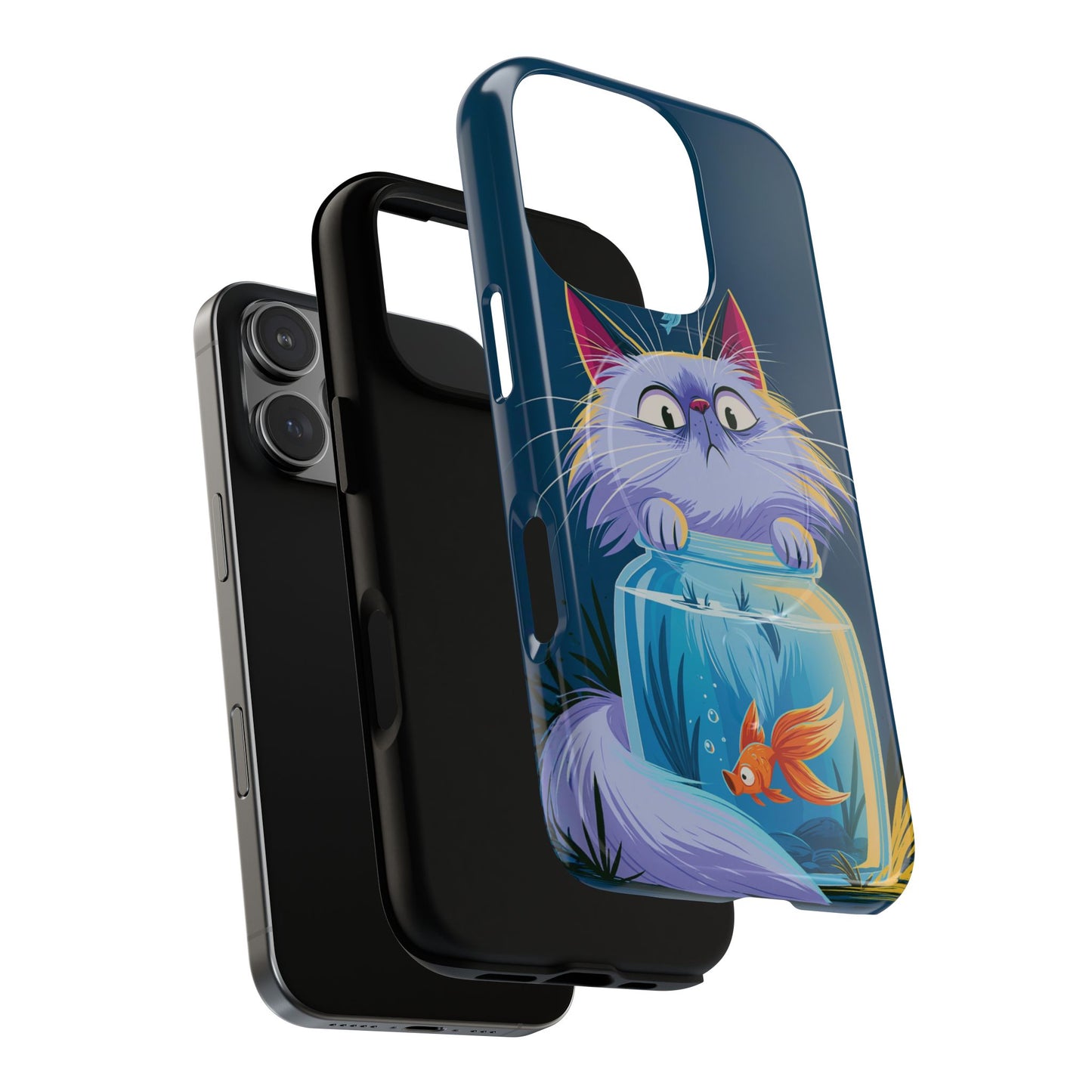 Magnetic Tough Phone Case — Playful Cat & Goldfish Illustration