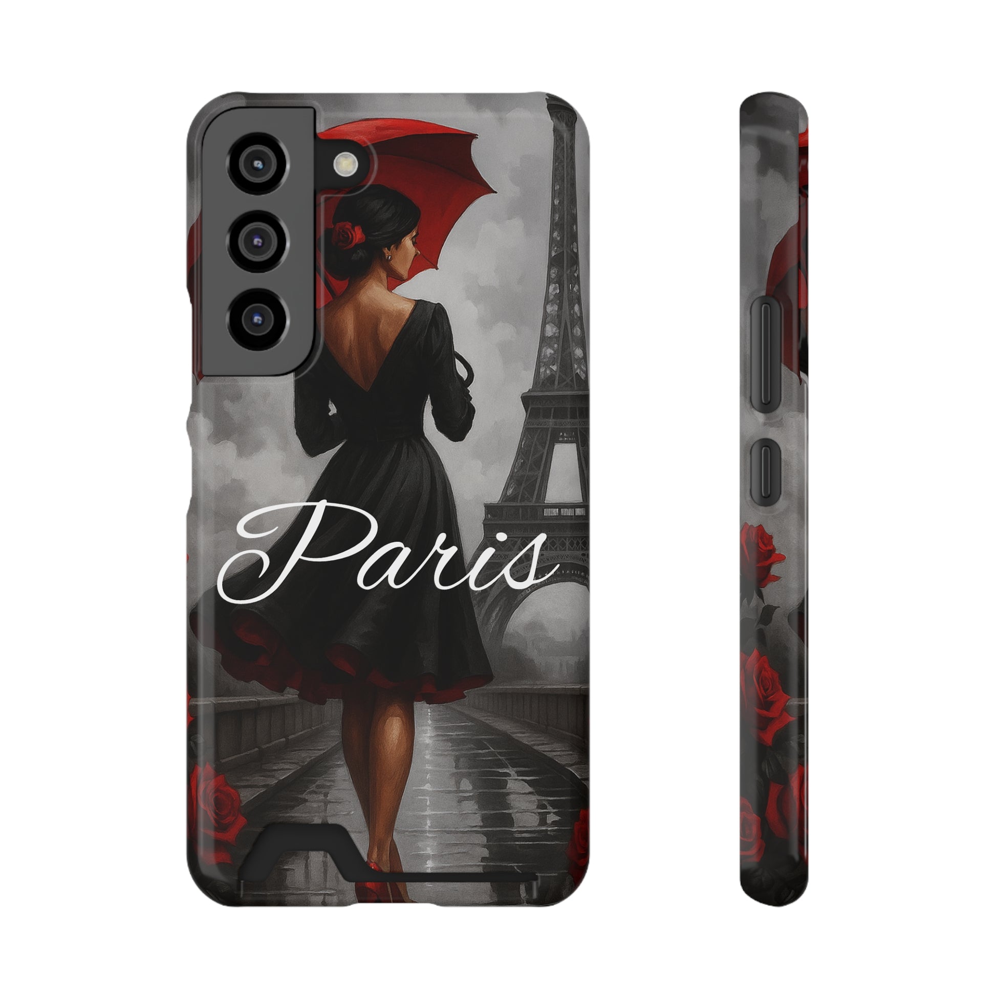 Elegant Parisian phone case with card holder slot, featuring red rose and Eiffel Tower 3D wrap design