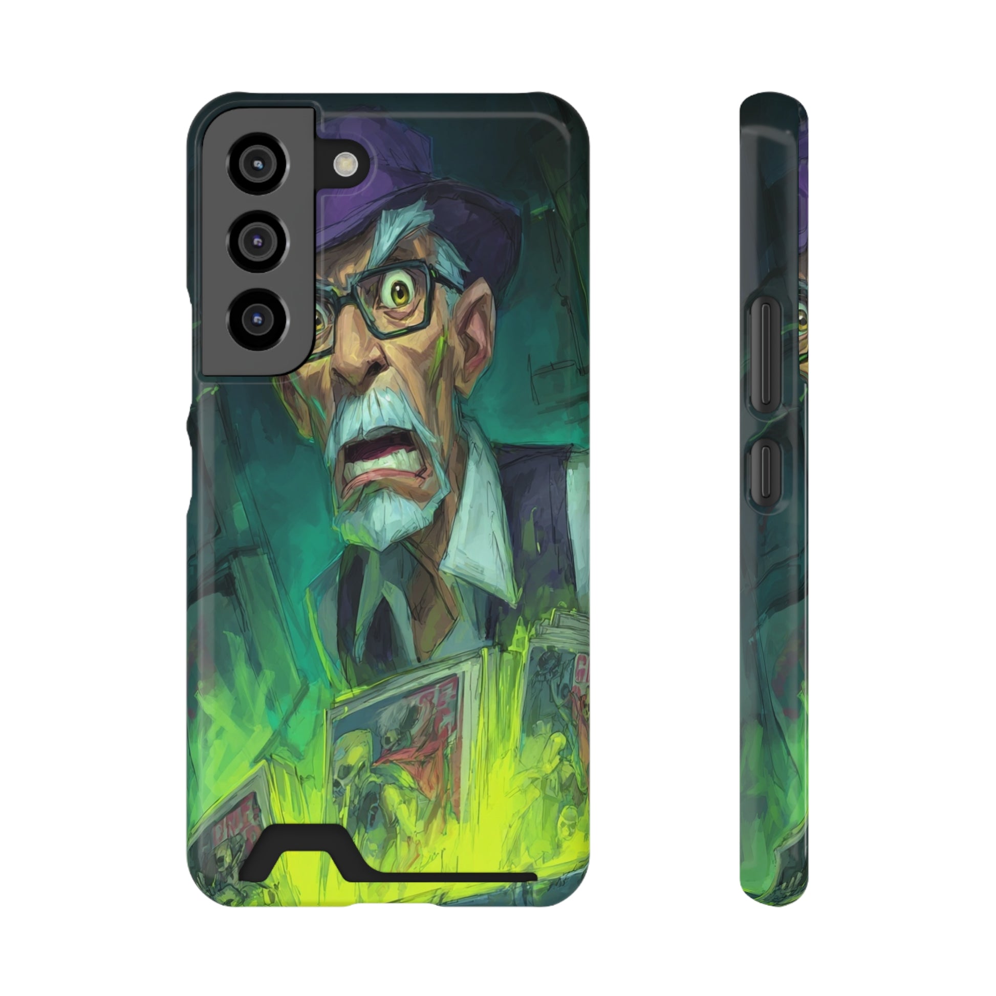 Phone case with built-in card holder slot featuring a dark illustrated Halloween horror design in vintage style