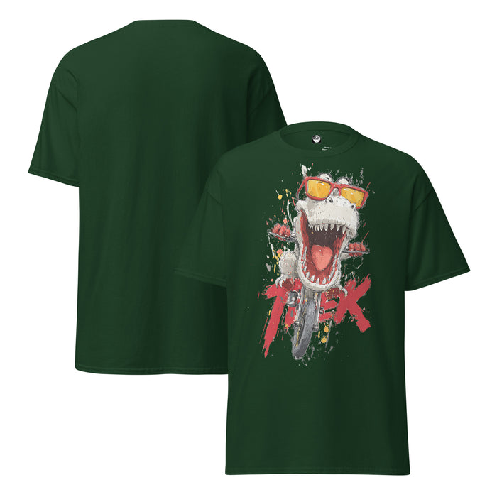 Unisex classic cotton t-shirt with colorful T-Rex riding a bike cartoon design on chest