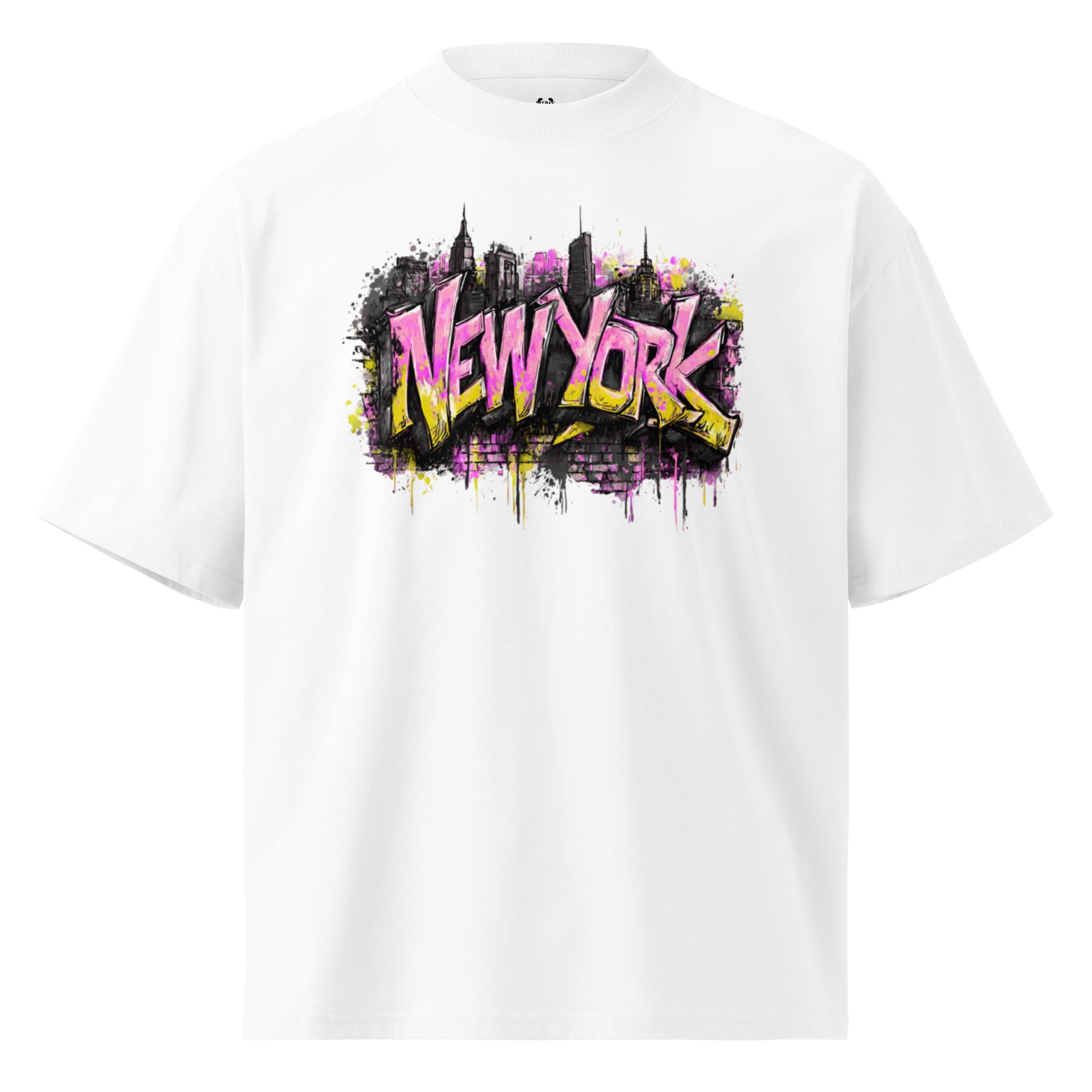 Oversized high neck organic cotton t-shirt with New York nineties graffiti airbrush art print and wide collar design